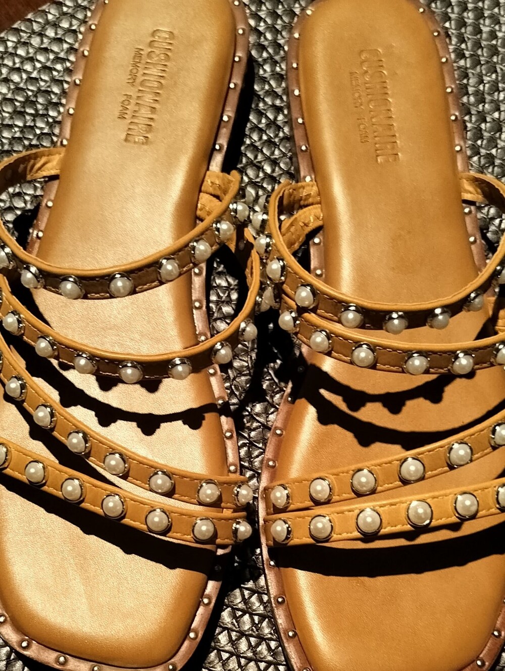 Cushionaire-Pearl-Stud Tan Leather Slide Sandals - Women